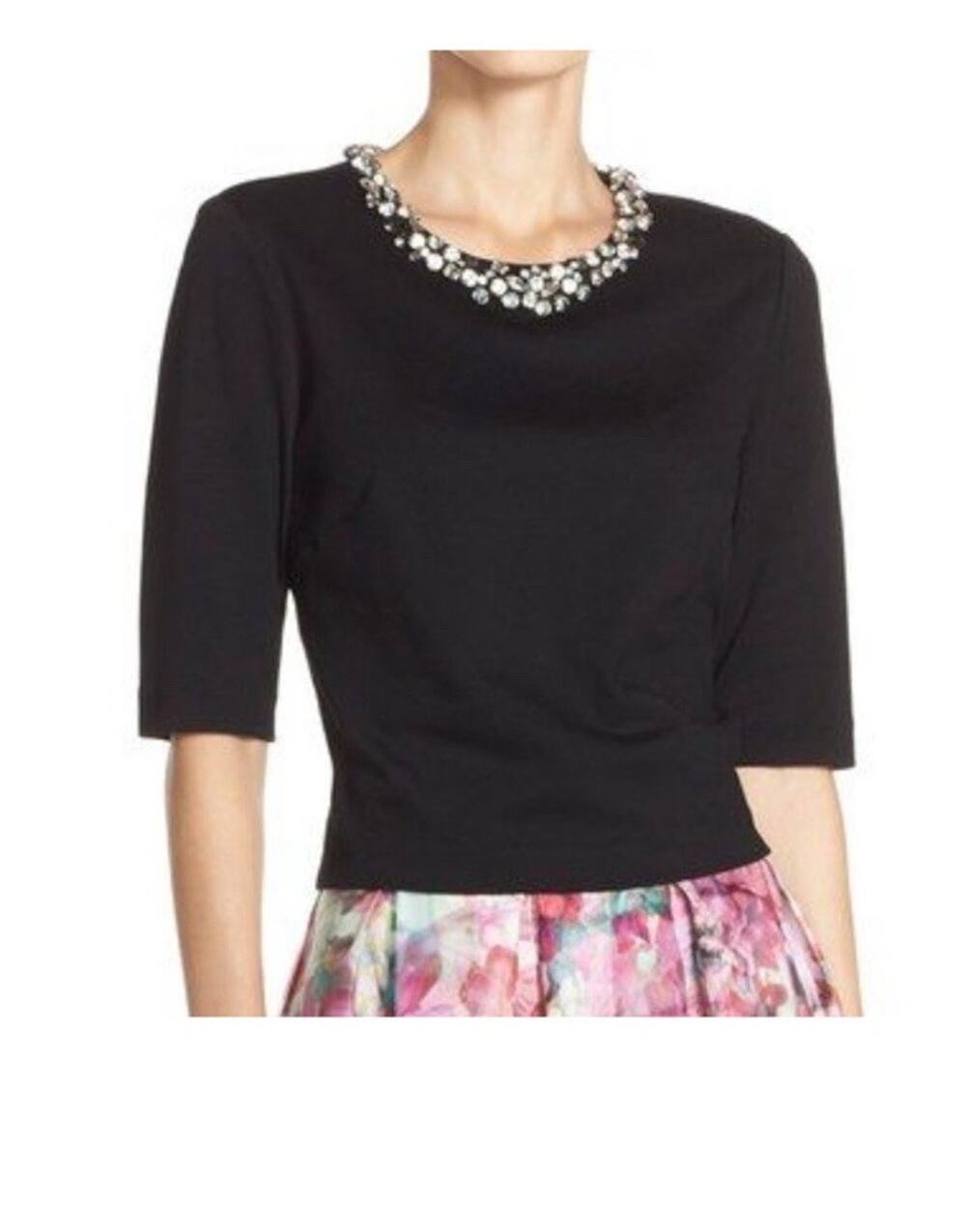 Eliza J Women 6 Black Embellished Jewel Neck Top 3/4 Sleeve Stretch Glam Luxe